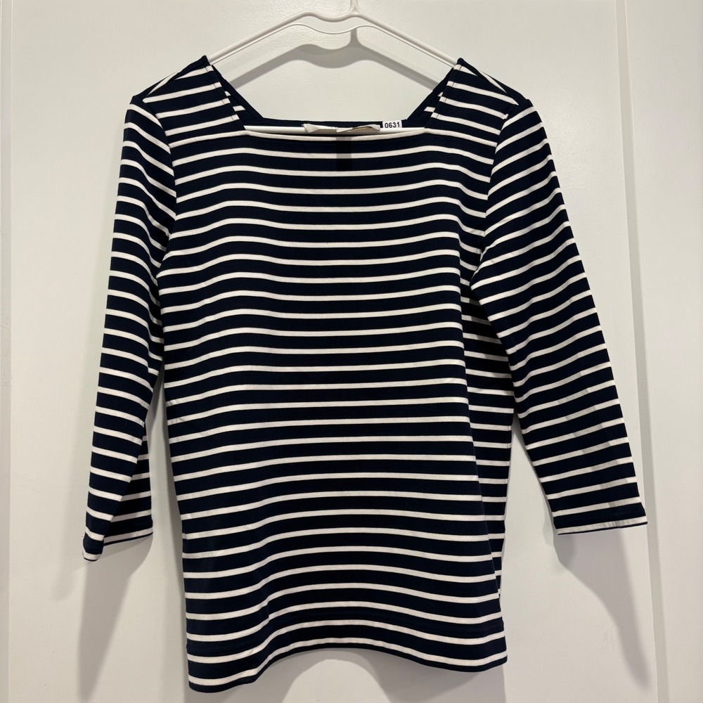 Nordstrom Collection Navy White Striped Square Neck 3/4 Sleeve Top Small